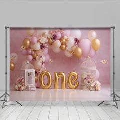 Rosa Gold Ballon Erster Geburtstag Cake Smash Hintergrund Blumen Käfig Schmetterling