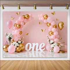 Rosa Gold Ballon Erster Geburtstag Cake Smash Hintergrund Weiß EINS Schmetterling