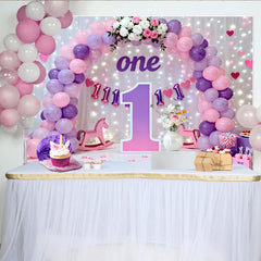 Lila Rosa Ballon Erster Geburtstag Cake Smash Hintergrund Großes 1 Schild Lichter