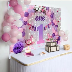Lila Rosa Ballon Erster Geburtstag Cake Smash Hintergrund Großes 1 Schild Lichter