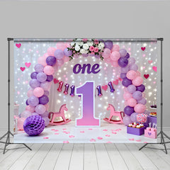 Lila Rosa Ballon Erster Geburtstag Cake Smash Hintergrund Großes 1 Schild Lichter