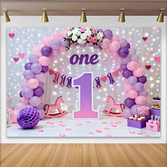 Lila Rosa Ballon Erster Geburtstag Cake Smash Hintergrund Großes 1 Schild Lichter