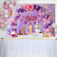 Rosa Lila Ballon Erster Geburtstag Cake Smash Hintergrund Blumen EINS Folienbriefe