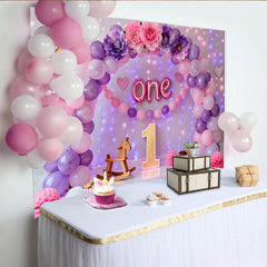 Rosa Lila Ballon Erster Geburtstag Cake Smash Hintergrund Blumen EINS Folienbriefe