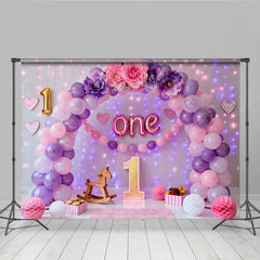Rosa Lila Ballon Erster Geburtstag Cake Smash Hintergrund Blumen EINS Folienbriefe