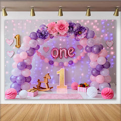 Rosa Lila Ballon Erster Geburtstag Cake Smash Hintergrund Blumen EINS Folienbriefe
