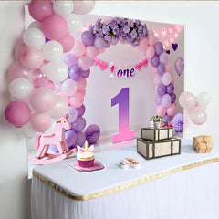 Lila Rosa Ballon Erster Geburtstag Cake Smash Hintergrund Blumen 1 EINS Banner