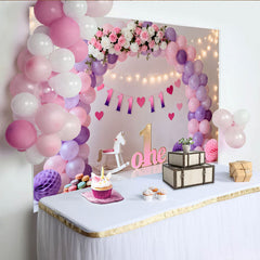 Rosa Lila Ballon Erster Geburtstag Cake Smash Hintergrund Blumen EINS Lichterkette