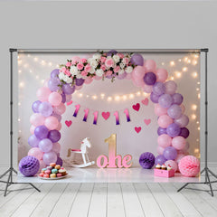 Rosa Lila Ballon Erster Geburtstag Cake Smash Hintergrund Blumen EINS Lichterkette