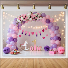 Rosa Lila Ballon Erster Geburtstag Cake Smash Hintergrund Blumen EINS Lichterkette