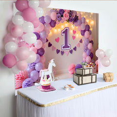 Lila Rosa Ballon Erster Geburtstag Cake Smash Hintergrund Blumen 1 Schild Herz