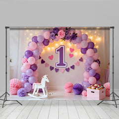Lila Rosa Ballon Erster Geburtstag Cake Smash Hintergrund Blumen 1 Schild Herz
