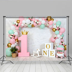 Pastell Grün Ballon Erster Geburtstag Hintergrund Gold Krone Rosa 1 Schild Mädchen