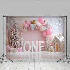 Winter Rosa Ballon Erster Geburtstag Hintergrund Gold Krone EINS Verschneiter Baum
