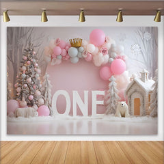 Winter Rosa Ballon Erster Geburtstag Hintergrund Gold Krone EINS Verschneiter Baum