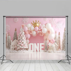 Rosa Winter Schneeflocke Erster Geburtstag Hintergrund Gold Krone EINS Eisbär