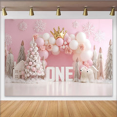 Rosa Winter Schneeflocke Erster Geburtstag Hintergrund Gold Krone EINS Eisbär