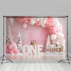 Winter Wonderland Erster Geburtstag Hintergrund Rosa Ballon EINS Krone Mädchen