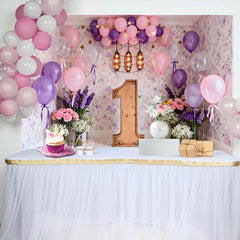 Lofaris Pink Lila Ballon 1. Geburtstag Fotohintergrund Blumen Tapete Holz Eins