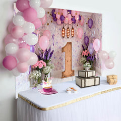 Lofaris Pink Lila Ballon 1. Geburtstag Fotohintergrund Blumen Tapete Holz Eins
