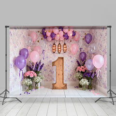 Lofaris Pink Lila Ballon 1. Geburtstag Fotohintergrund Blumen Tapete Holz Eins