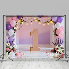 Lofaris Pink Lila Blumen Ballonbogen Fotohintergrund 1. Geburtstag Holz Eins