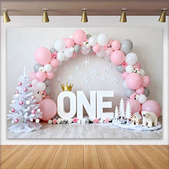 Lofaris Pink Grau Winter ONEderland Fotohintergrund Geburtstag Cake Smash Eisbär