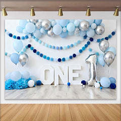 Lofaris Blau Silber Ballon Geburtstag Cake Smash Hintergrund EINS Pom Pom Girlande