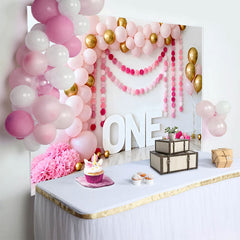 Lofaris Pink Gold Ballon Geburtstag Cake Smash Hintergrund EINS Pom Pom Girlande