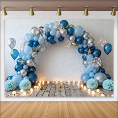 Lofaris Blau Silber Ballon Weiße Ziegelwand Geburtstag Cake Smash Hintergrund Holz