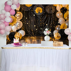 Lofaris Schwarz Gold Cake Smash Hintergrund Elegante Lichterkette Papierfächer