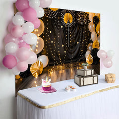 Lofaris Schwarz Gold Cake Smash Hintergrund Elegante Lichterkette Papierfächer