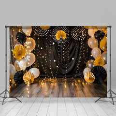 Lofaris Schwarz Gold Cake Smash Hintergrund Elegante Lichterkette Papierfächer