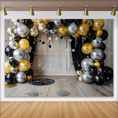 Lofaris Moderner Metallic Ballonbogen Hintergrund Schwarz Gold Silber Cake Smash 1.