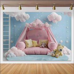 Lofaris Pinkes Zeltbett Teddybär Cake Smash Hintergrund Blauer Himmel Sterne Baby Fotografie