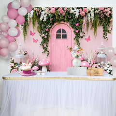 Lofaris Pinke Holztür Blumenranken Frühling Hintergrund Feen Pilz Vogelkäfig Mädchen