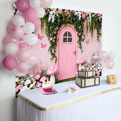 Lofaris Pinke Holztür Blumenranken Frühling Hintergrund Feen Pilz Vogelkäfig Mädchen