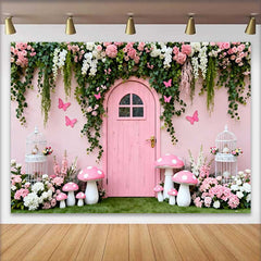 Lofaris Pinke Holztür Blumenranken Frühling Hintergrund Feen Pilz Vogelkäfig Mädchen