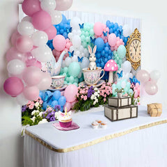 Lofaris Vintage Uhr Teeparty Hase Ostern Hintergrund Pastell Ballonbogen Frühling