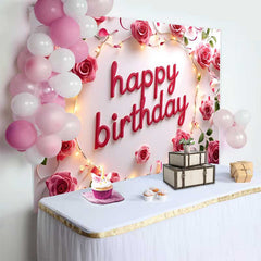 Lofaris Pinke Rosen Lichterkette Happy Birthday Hintergrund Elegant Blumen Frauen
