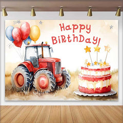 Lofaris Aquarell Roter Traktor Sternenkuchen Happy Birthday Hintergrund Bauernhof Ballon