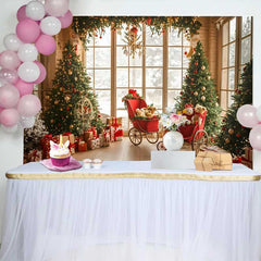 Lofaris Vintage Fenster Weihnachtsbaum Hintergrund Rote Kutsche Teddybär Winter