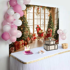 Lofaris Vintage Fenster Weihnachtsbaum Hintergrund Rote Kutsche Teddybär Winter