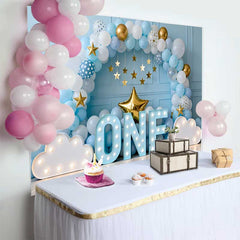 Lofaris Junge 1. Geburtstag Cake Smash Hintergrund Blau Weiß Ballonbogen EINS Sterne