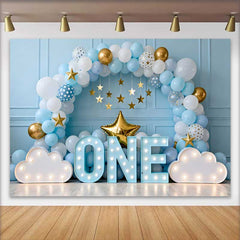 Lofaris Junge 1. Geburtstag Cake Smash Hintergrund Blau Weiß Ballonbogen EINS Sterne