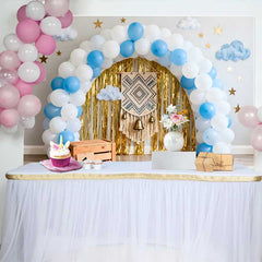 Lofaris Boho 1. Geburtstag Cake Smash Hintergrund Blau Weiß Ballonbogen Gold Fransen