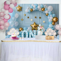 Lofaris Ein Jahr Alt Geburtstag Hintergrund Blauer Ballonbogen Leuchtschild EINS Sterne