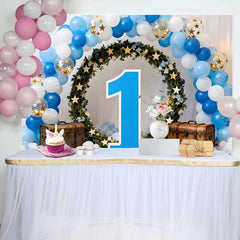 Lofaris Junge 1. Geburtstag Hintergrund Blau Weiß Ballonbogen Grüner Kranz Große 1