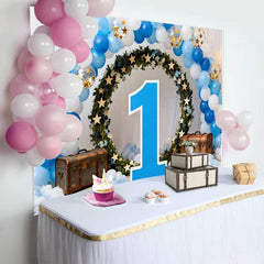 Lofaris Junge 1. Geburtstag Hintergrund Blau Weiß Ballonbogen Grüner Kranz Große 1