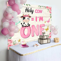 Lofaris Heilige Kuh Ich bin Eins Geburtstag Hintergrund Pinke Blumen Kuh Mädchen 1.